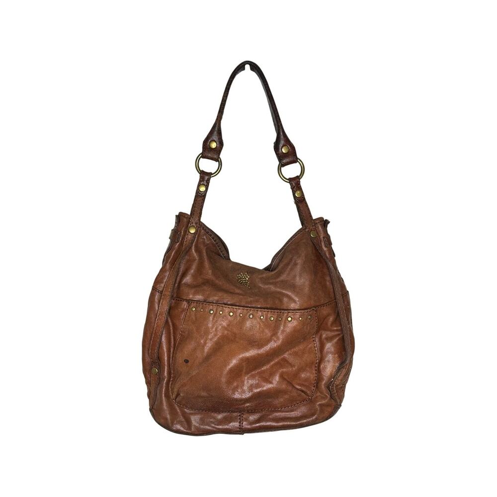 Lucky Brand Hobo Bag Brown 100% Lamb Leather Studded Slouchy Shoulder Tote Purse